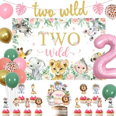 Two Wild Birthday Decorations Girl - Safari Jungle Theme 2nd Birthday Girl Leopard Tiger Foil Balloon with Wild Two Backdrop, Glitter Wild Two Banner Cake Cupcake Topper for Girl 2nd Birthday