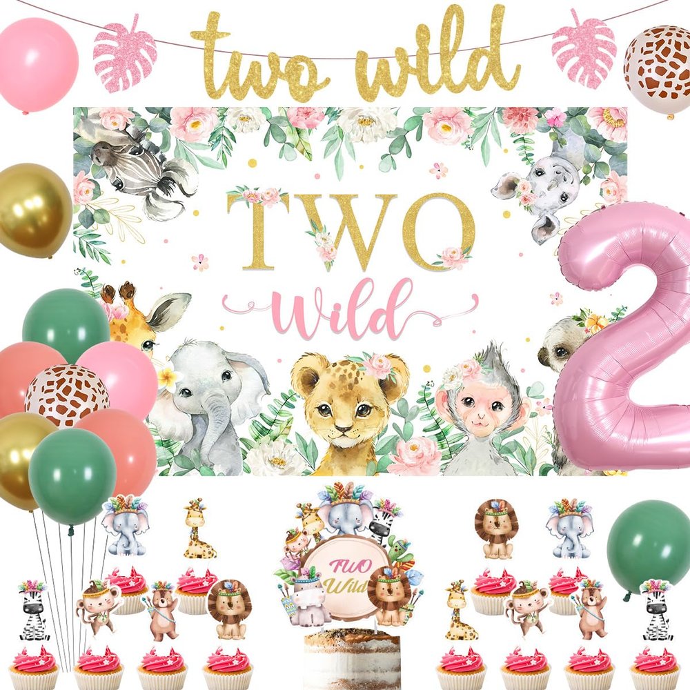 Two Wild Birthday Decorations Girl - Safari Jungle Theme 2nd Birthday Girl Leopard Tiger Foil Balloon with Wild Two Backdrop, Glitter Wild Two Banner Cake Cupcake Topper for Girl 2nd Birthday
