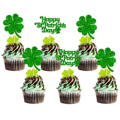 24Pcs Happy St Patrick's Day Cupcake Toppers Green Glitter Lucky Four Leaf Clover Cake Decorations for St Patrick's Day Party Babyshower Birthday Party Decorations