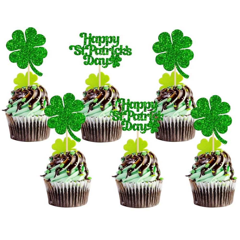 24Pcs Happy St Patrick's Day Cupcake Toppers Green Glitter Lucky Four Leaf Clover Cake Decorations for St Patrick's Day Party Babyshower Birthday Party Decorations