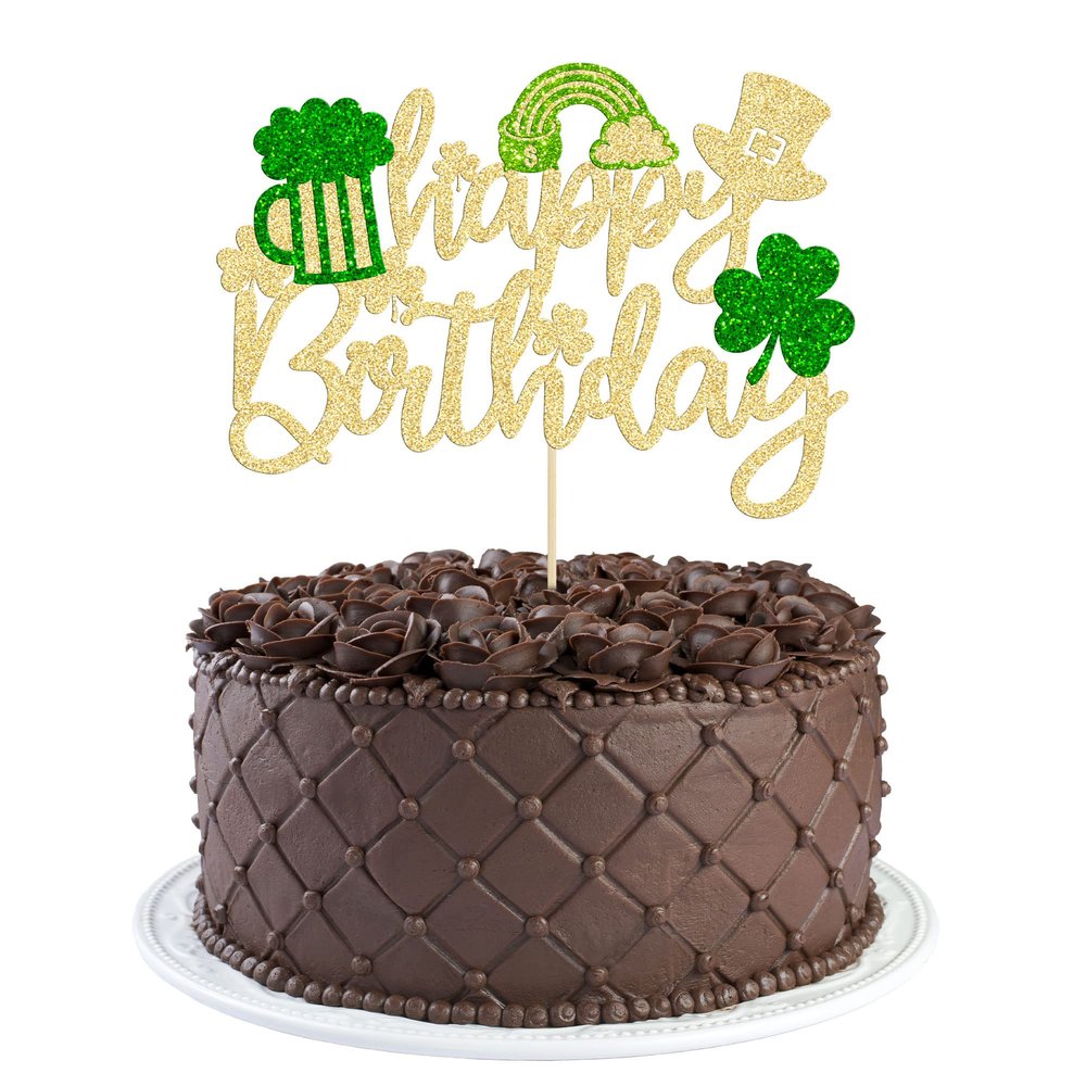 1Pc St. Patrick's Day Happy Birthday Cake Topper Gold Green Glitter Shamrock Cake Decoration for St. Patrick's Day Birthday Party Supply Decorations