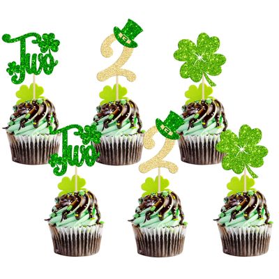 24Pcs Lucky Two Cupcake Topper St. Patrick 2nd Birthday Cupcake Decoration for Lucky Charm Birthday Decor Shamrocks Theme Irish Day Baby Shower 2nd Anniversary Supplies