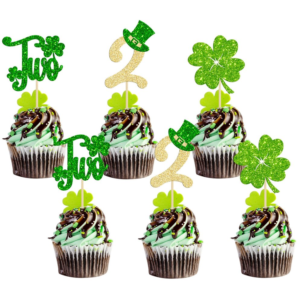 24Pcs Lucky Two Cupcake Topper St. Patrick 2nd Birthday Cupcake Decoration for Lucky Charm Birthday Decor Shamrocks Theme Irish Day Baby Shower 2nd Anniversary Supplies