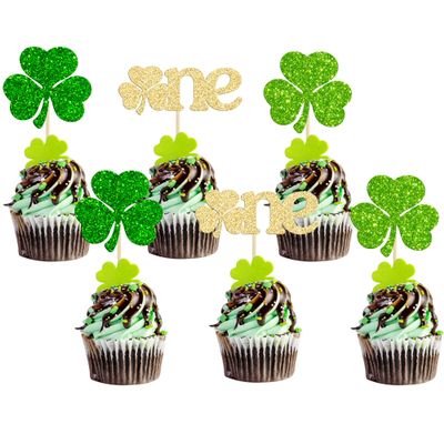 24Pcs One St. Patrick's Day Cupcake Toppers Lucky Four Leaf Shamrock Cupcake Picks for Irish Festival Baby Shower First Birthday Party Supplies Decoration