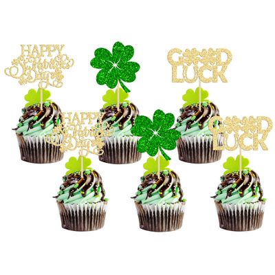 24Pcs Happy St. Patrick's Day Cupcake Toppers Four Leaf Clover Shamrock Good Luck Cupcake Picks for St.Patricks Baby Shower Party Supplies Birthday Decorations