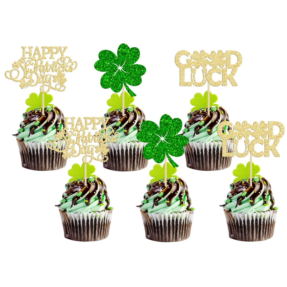 24Pcs Happy St. Patrick's Day Cupcake Toppers Four Leaf Clover Shamrock Good Luck Cupcake Picks for St.Patricks Baby Shower Party Supplies Birthday Decorations