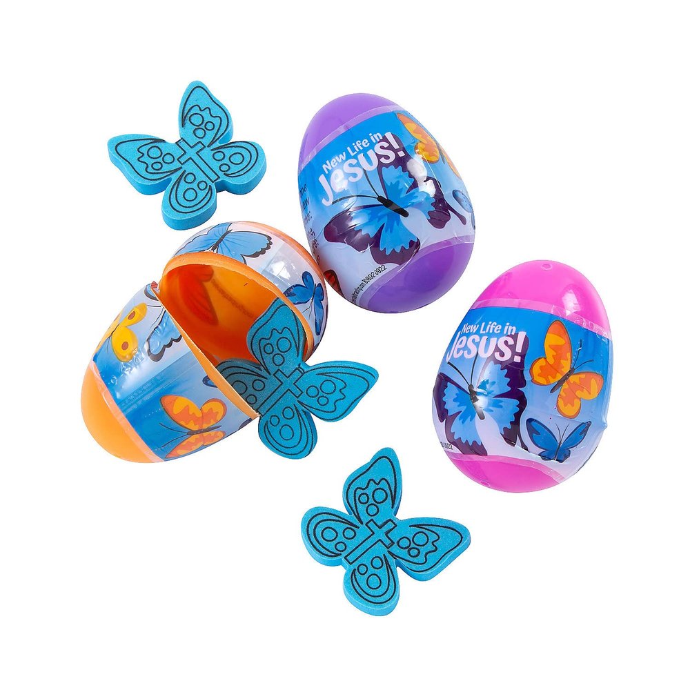 Fun Express Prefilled Easter Eggs, Stuff with New Life In Jesus Growing Butterflies, Easter Egg Hunt Supplies, 12 Pieces