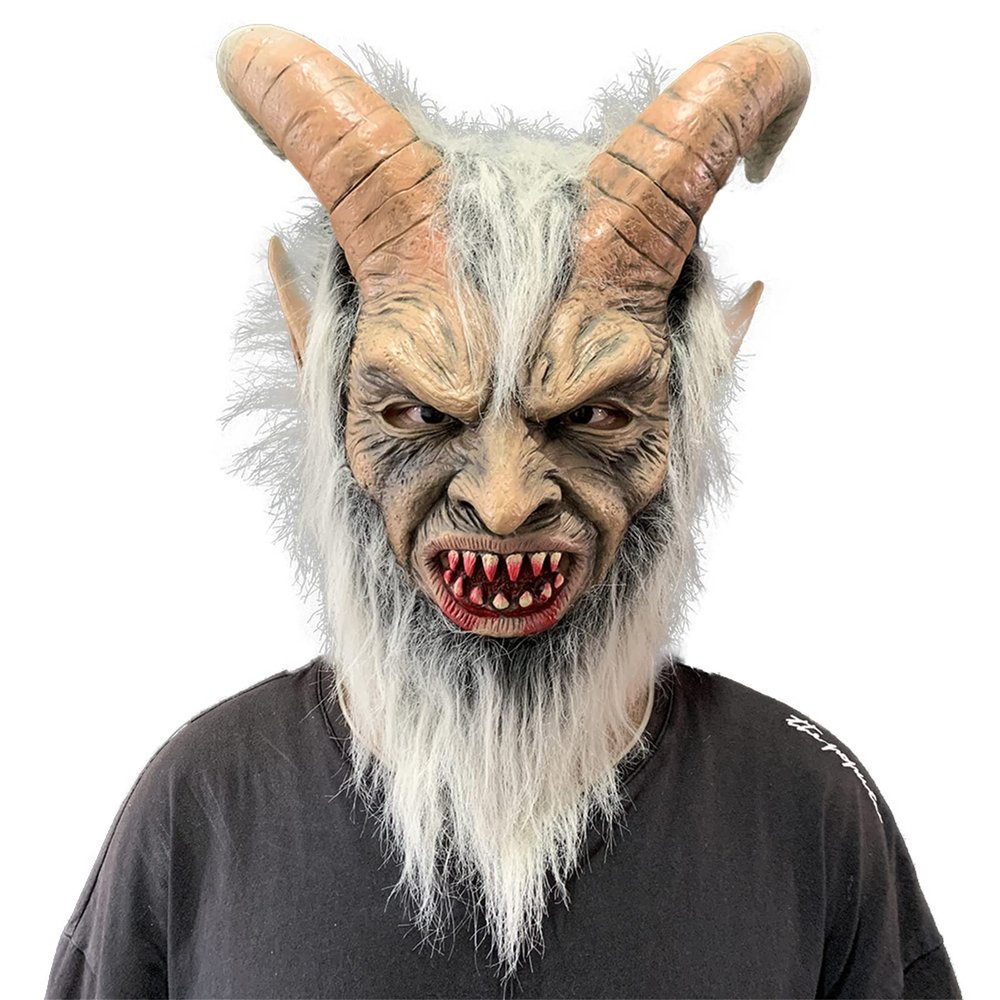 Yesness Horror Krampus Mask, Bloody Tooth Demon Mask with Horn, Halloween Scary Devil Mask Costume, Latex Lucifer Mask for Halloween Party Cosplay Costume