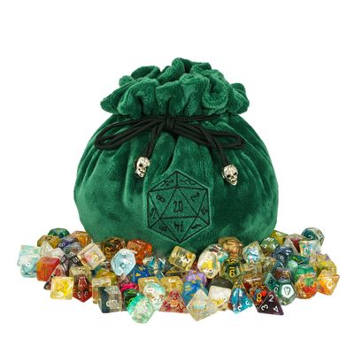 Large Dice Bags D&D with Pockets Green Storage Bag D20 Logo for DND RPG Game Dices (with 1lb Random DND Dice)