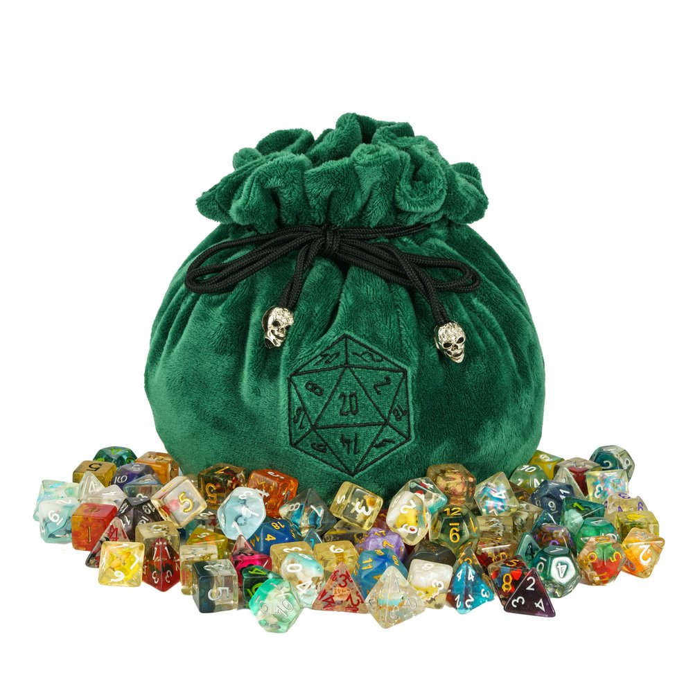 Large Dice Bags D&D with Pockets Green Storage Bag D20 Logo for DND RPG Game Dices (with 1lb Random DND Dice)