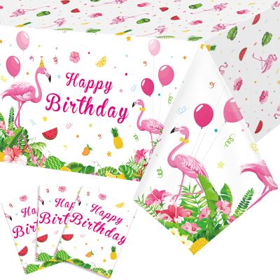 3 Pcs Happy Birthday Luau Party Tablecloth - Rectangular Tropical Plastic Pink Flamingo Table Cover for Flamingo Birthday Party Decorations Summer Picnic Beach, 54 x 108 Inch