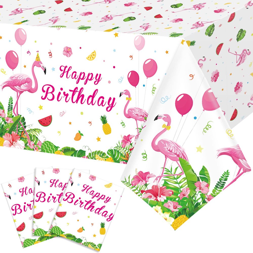 3 Pcs Happy Birthday Luau Party Tablecloth - Rectangular Tropical Plastic Pink Flamingo Table Cover for Flamingo Birthday Party Decorations Summer Picnic Beach, 54 x 108 Inch