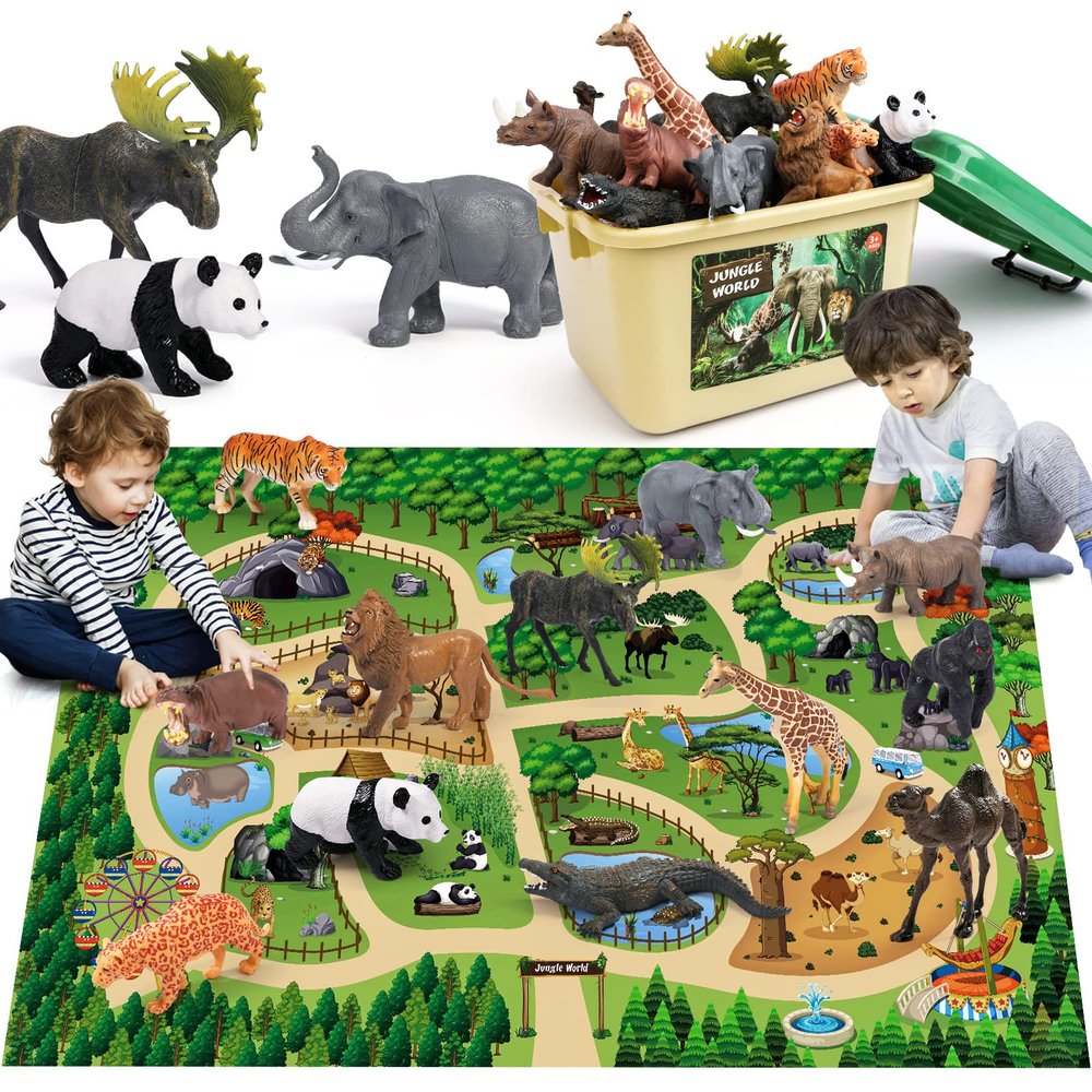 FRUSE Safari Animals Figures Toys w/ 57x38.5Jumbo Play Mat,12PCS Realistic Jungle Wild Zoo Animals Figurines Playset with Panda,Lion,Elephant,Educational Learning Toys for Toddlers Kids
