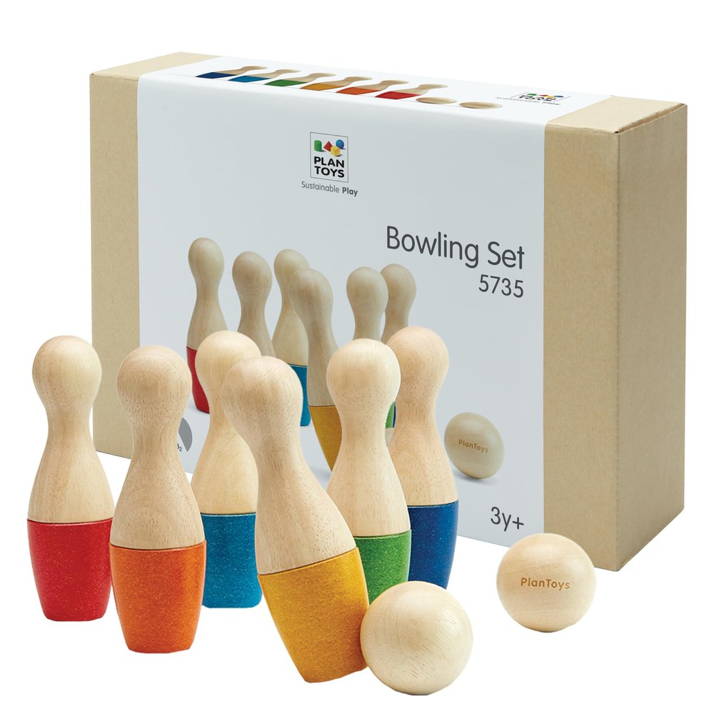 PlanToys Bowling Set Wooden Montessori Gross Motor and Coordination Toy | Movement, Concentration and Early Math Learning Activity | Eco Friendly Indoor and Outdoor Bowling Game