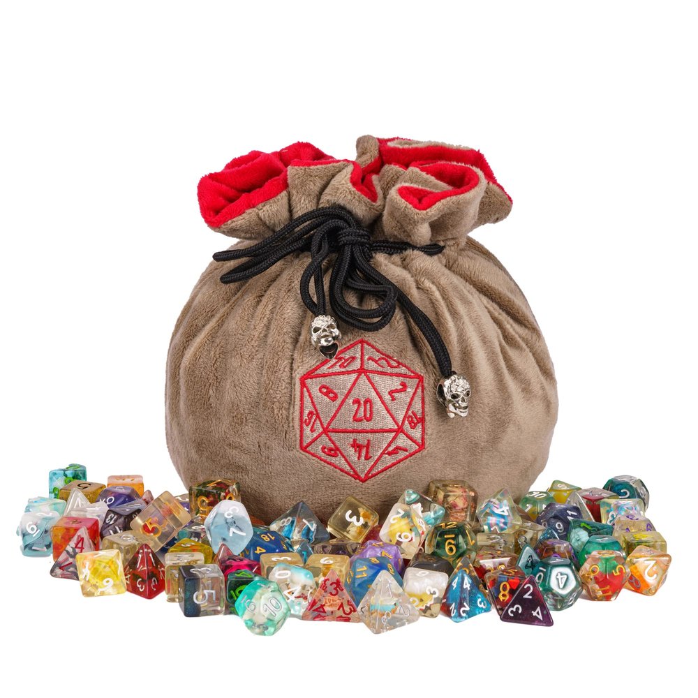 KSNDie Large Dice Bags D&D with Pockets Khaki Storage Bag D20 Logo for DND RPG Game (with 1lb Random DND Dice)