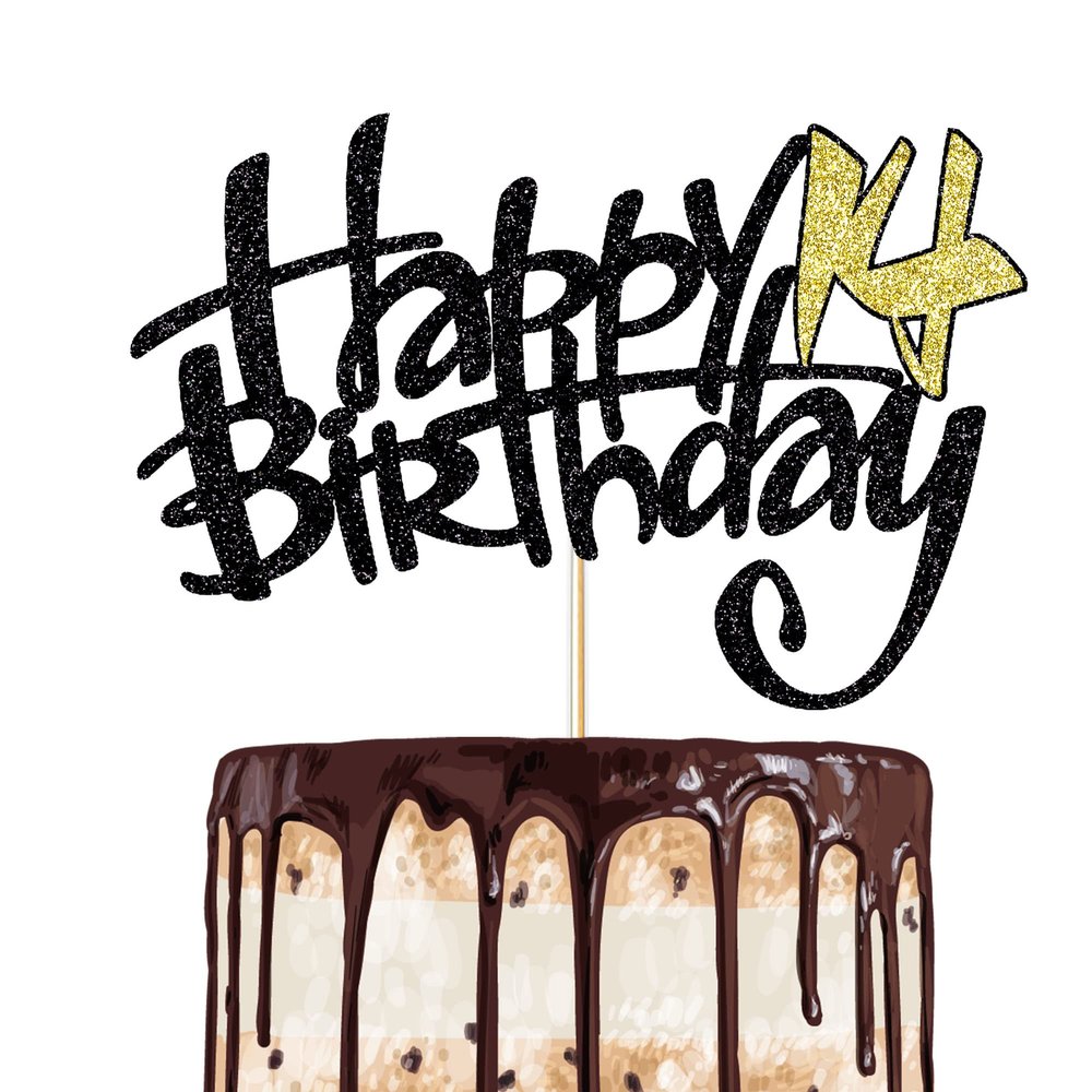 1-Pack 14th Black Gold Birthday Cake Topper sparkle in the light. Birthday Party Supplies for Children or Adults (14)