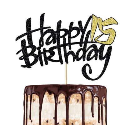 1-Pack 15th Black Gold Birthday Cake Topper sparkle in the light. Birthday Party Supplies for Children or Adults  (15)
