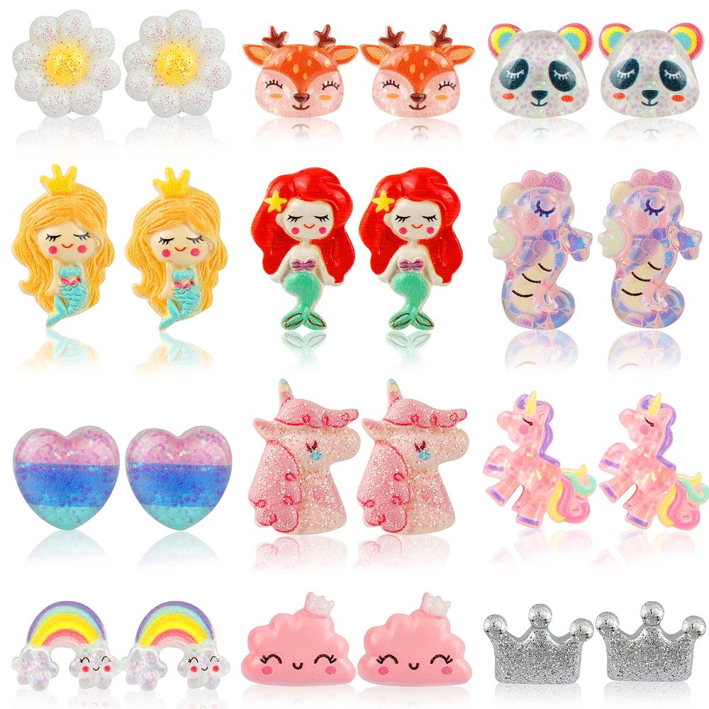 DEVIENG Clip On Earrings for Girls, No Pierced Design Hypoallergenic Kids Clips Earrings Sets Suitable for Ages 4-12 Little Girls Cute Small Stud Earring Jewelry Gifts(Clip On Earrings-12 Pairs)