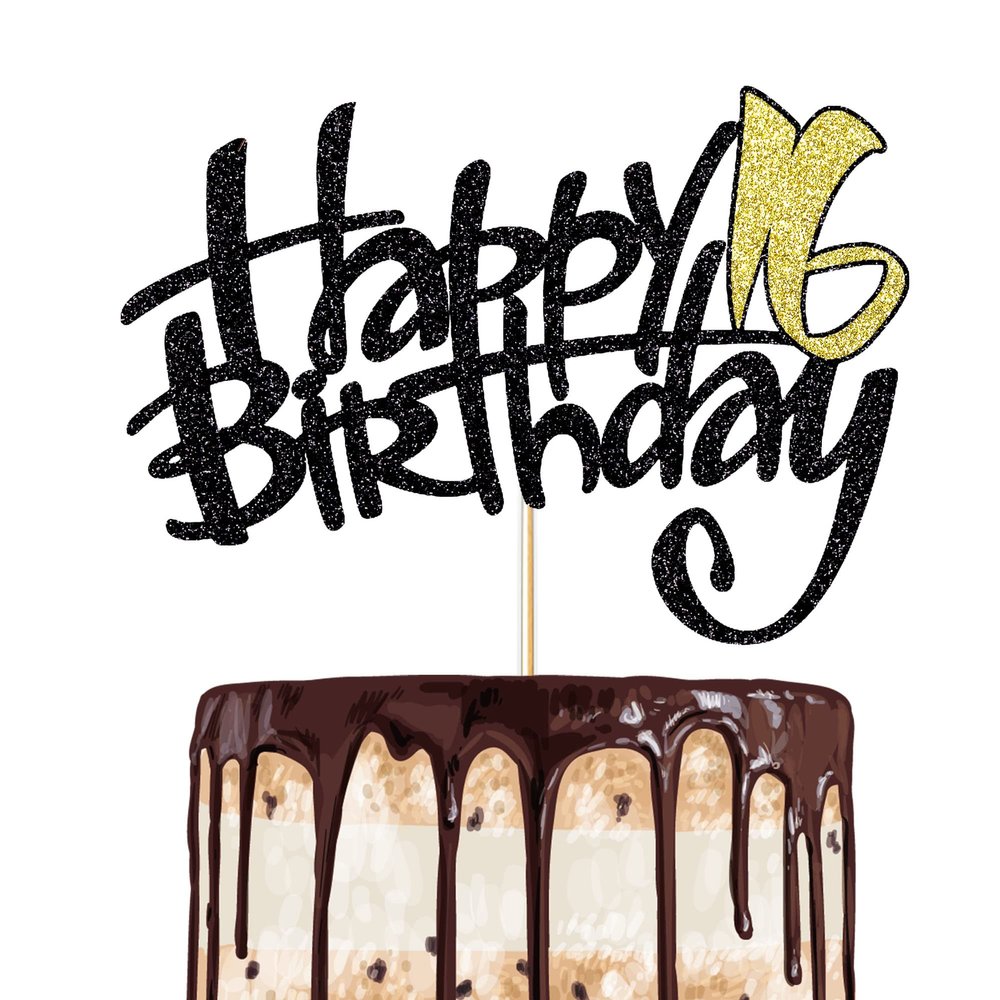 1-Pack 16th Black Gold Birthday Cake Topper sparkle in the light. Birthday Party Supplies for Children or Adults (16)