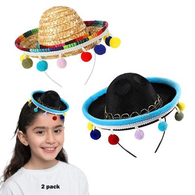 SEIHDHIK 2 PCS Mini Sombrero Headbands, Small Fabric Mexican Sombrero Hats,Straw Mexican Sombrero Hats with Ball Fringe for Mexican Themed Party Decorations Birthday Party Supplies