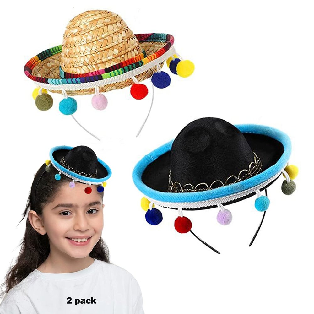 SEIHDHIK 2 PCS Mini Sombrero Headbands, Small Fabric Mexican Sombrero Hats,Straw Mexican Sombrero Hats with Ball Fringe for Mexican Themed Party Decorations Birthday Party Supplies
