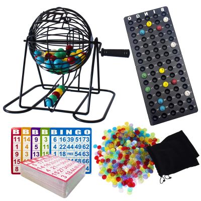 Yuanhe Deluxe Bingo Game Set - Metal Round Cage, 75 Colored Bingo Balls, 100 Bingo Cards, 500 Mixed Chips and Master Board for Large Groups, Parties