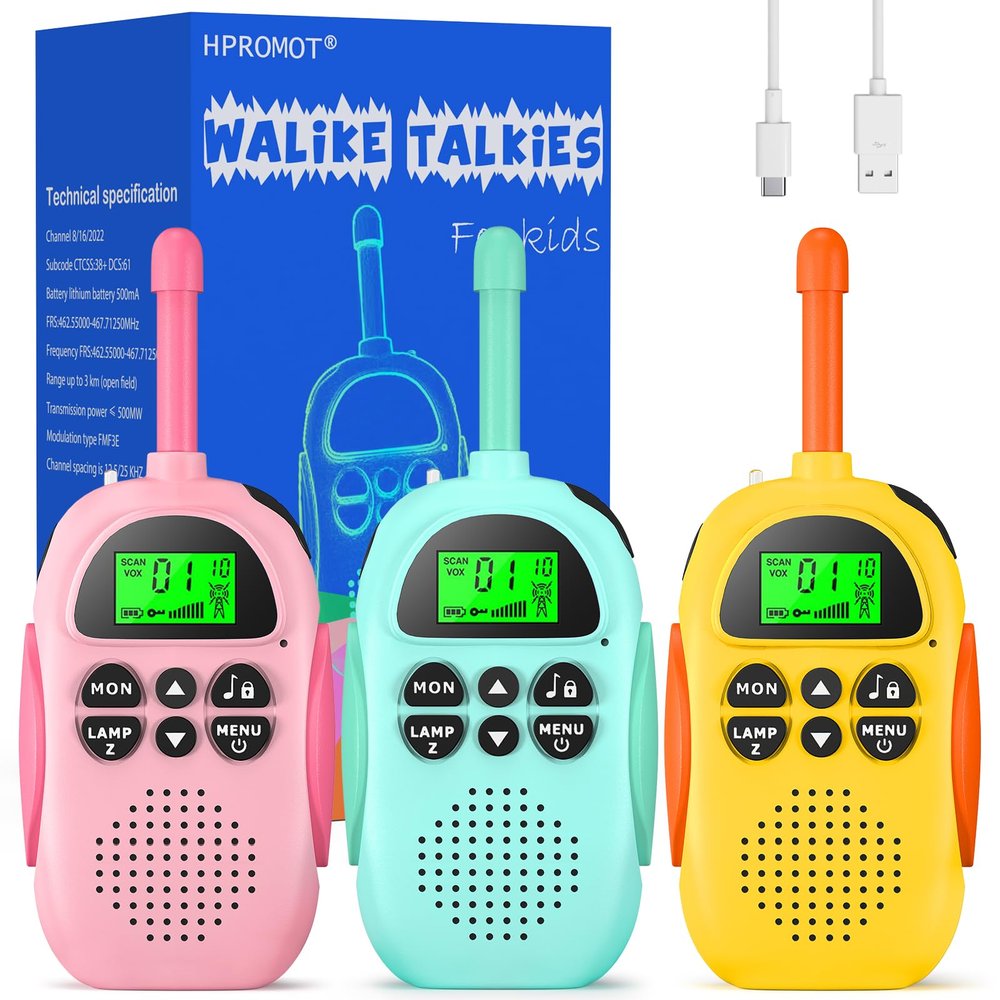 HPROMOT Walkie Talkies for Kids Rechargeable 3 Pack Walkie Talkies, Long Range 22 Channels 2 Way Radio Kids Birthday Toy Gift for 3-12 Year Old Boys Girls Outdoor Adventures Camping Hiking