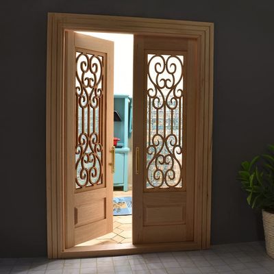 iLAND Dollhouse Door on 1:12 Scale, Dollhouse Accessories of Miniature Gate w/Carved Pattern & 3D Lattice Panes Reflecting Rainbow Light & Golden Handles