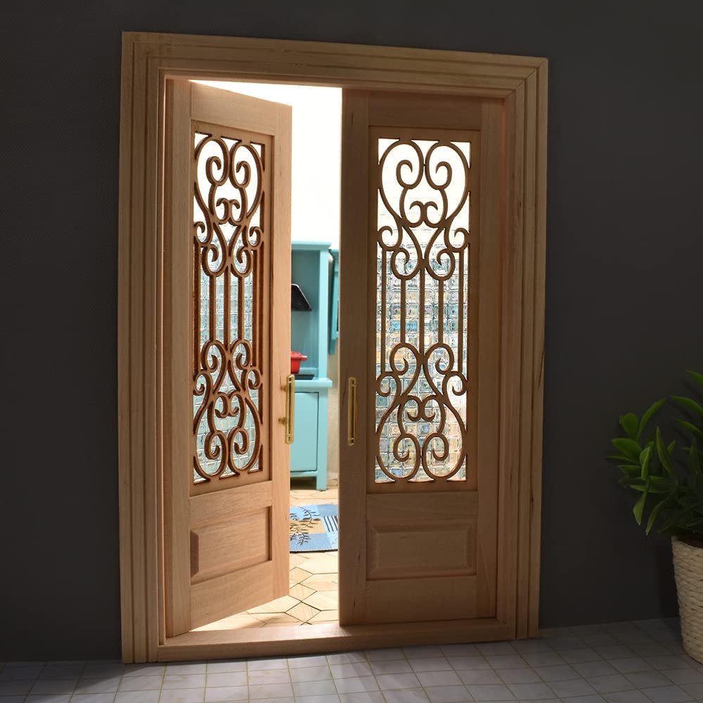 iLAND Dollhouse Door on 1:12 Scale, Dollhouse Accessories of Miniature Gate w/Carved Pattern & 3D Lattice Panes Reflecting Rainbow Light & Golden Handles