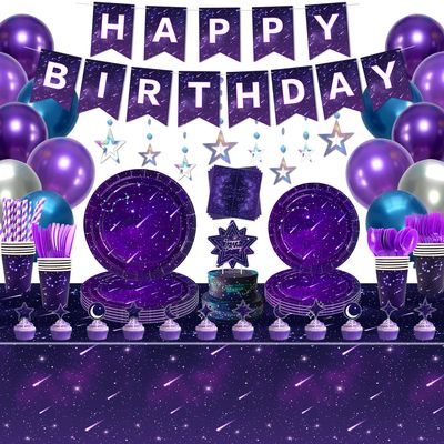 233 Pcs Space Galaxy Party Decoration Star Party Supplies Ramadan Party Supplies Purple Galaxy party Tableware Set Plates Napkins Tablecloth Birthday Banner Favors Ramadan Decoration for 20 Guests