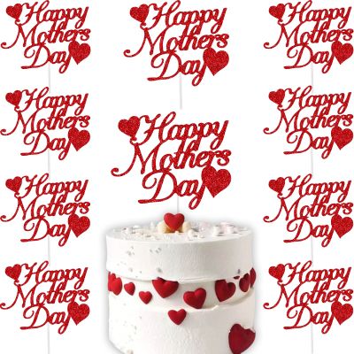15pcs Happy Mother's Day Cake Topper Red Glitter Cake Topper Mothers Day Cupcake Topper Heart Shaped Cake Picks Cake Accessories for Mom's Birthday Mother's Day Gifts Cake Decoration Party (Red)