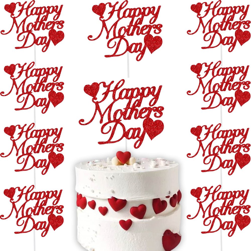 15pcs Happy Mother's Day Cake Topper Red Glitter Cake Topper Mothers Day Cupcake Topper Heart Shaped Cake Picks Cake Accessories for Mom's Birthday Mother's Day Gifts Cake Decoration Party (Red)