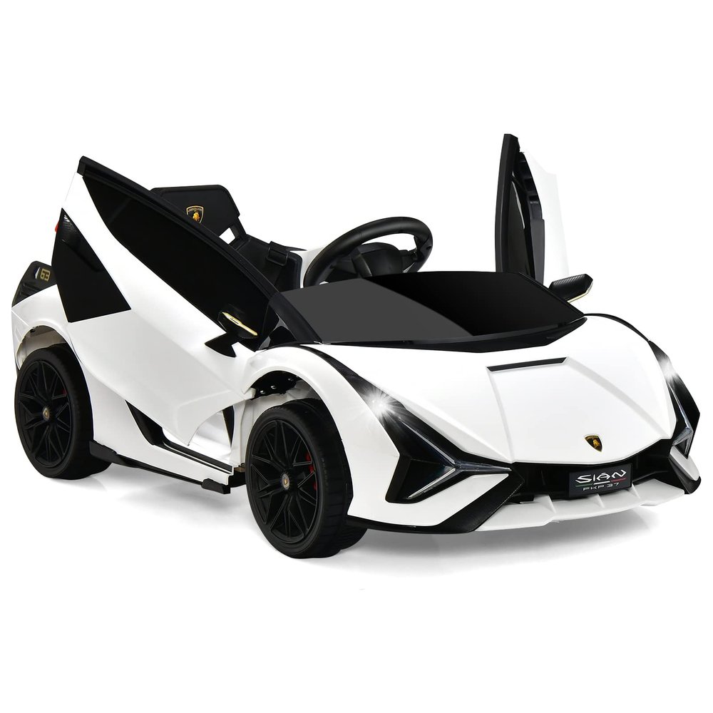 OLAKIDS Kids 12V Licensed Lamborghini SIAN Ride On Car, Electric Vehicle for Toddler with Control Remote, Battery Powered Toy with Music, Horn, 2 Speeds, Suspension, LED Lights, Bluetooth, USB (White)