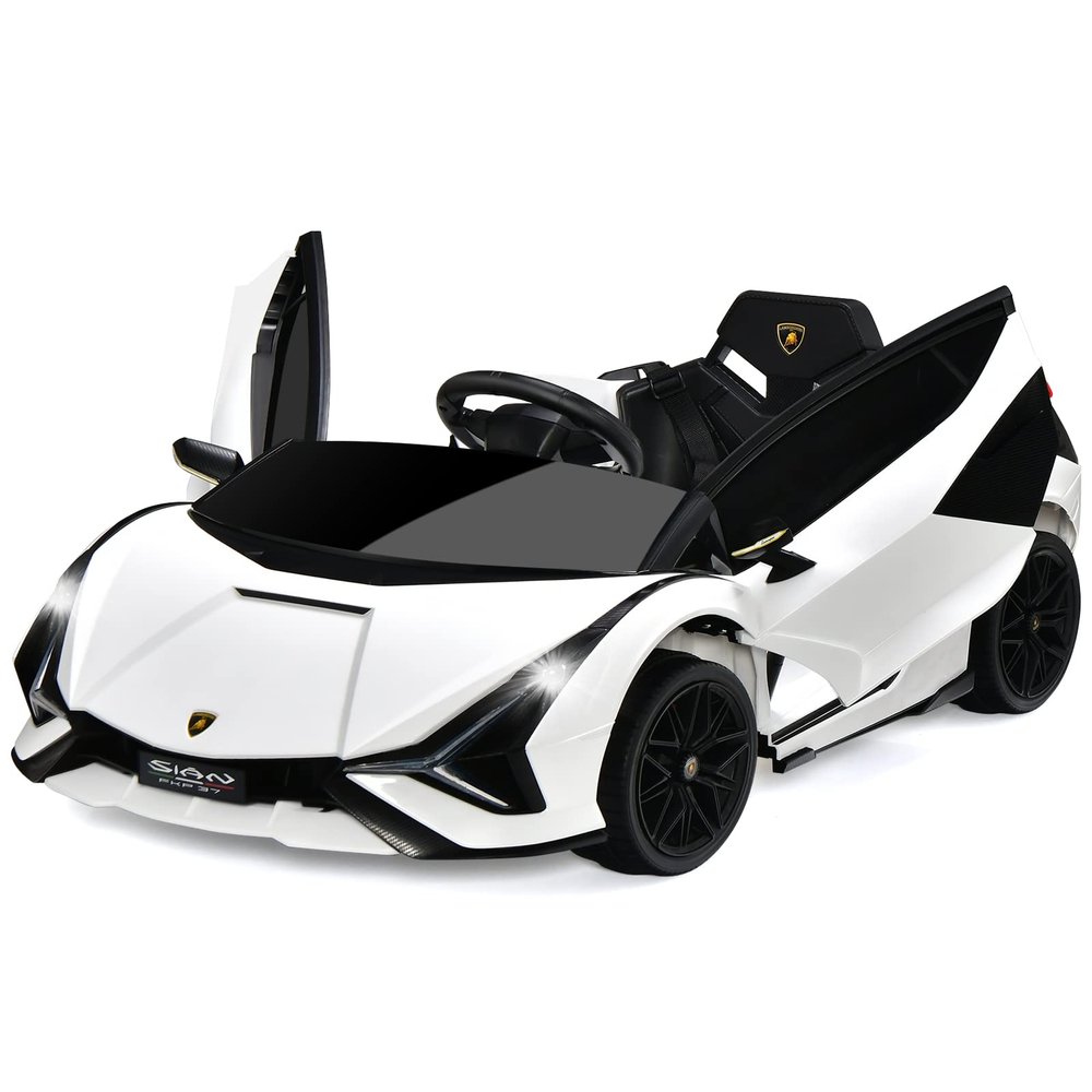 INFANS 12V Licensed Lamborghini Sian Kids Ride On Car with Parent Remote Control, Spring Suspension, MP3 Player, Electric Toy Roadster Carbon Fiber Textured for Toddler (White)