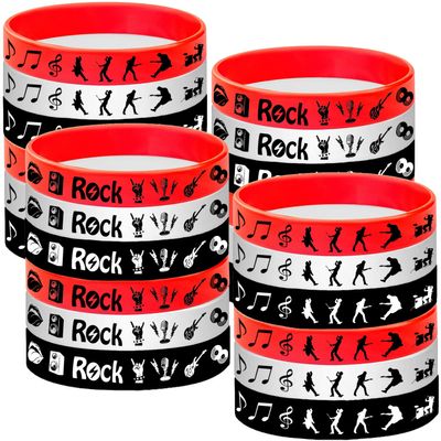ATSMOICY 48PCS Rock and Roll Rubber Bracelets Silicones Wristbands -80s 90s Themed Musician Guitar Rap Party Supplies Decorations Birthday Party Favors