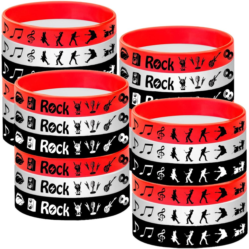 ATSMOICY 48PCS Rock and Roll Rubber Bracelets Silicones Wristbands -80s 90s Themed Musician Guitar Rap Party Supplies Decorations Birthday Party Favors