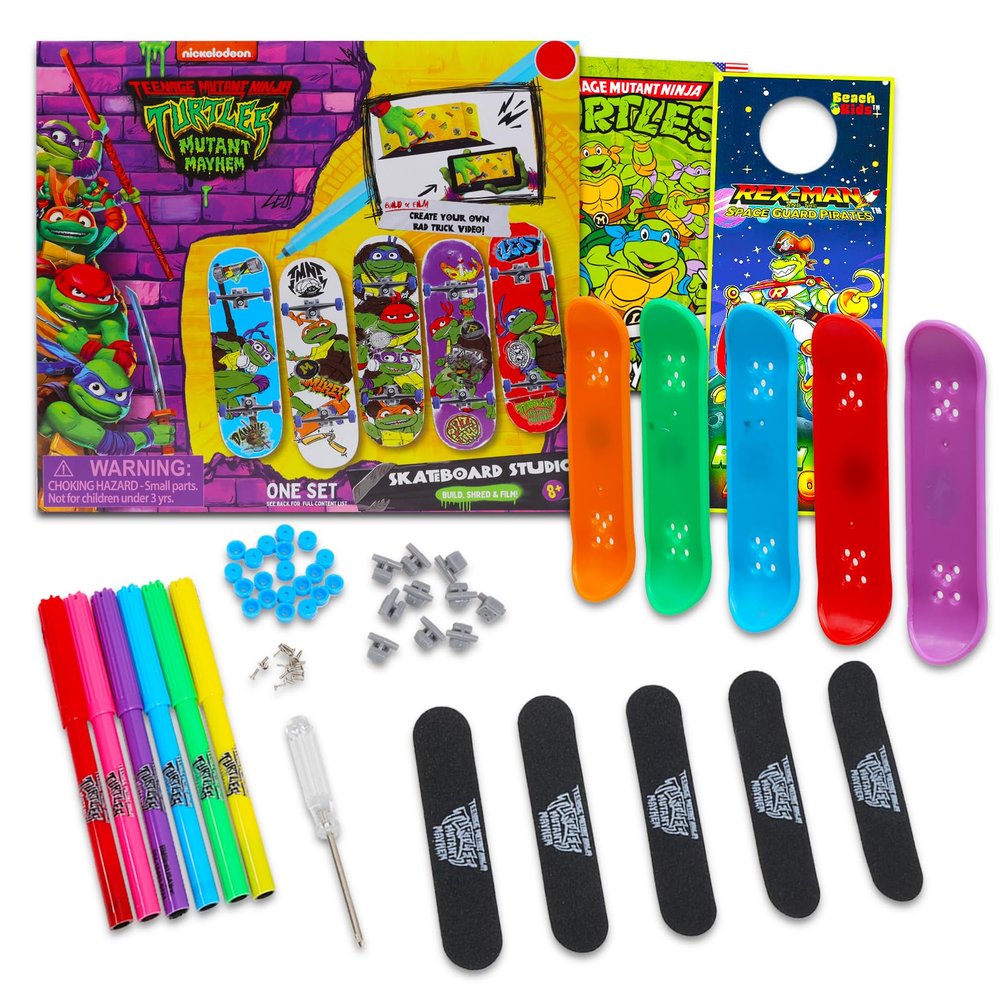 Nickelodeon Teenage Mutant Ninja Turtles Skateboard Toy Set - Bundle with TMNT Skateboard Studio with Fingerboards, Stickers, and More | TMNT Party Supplies
