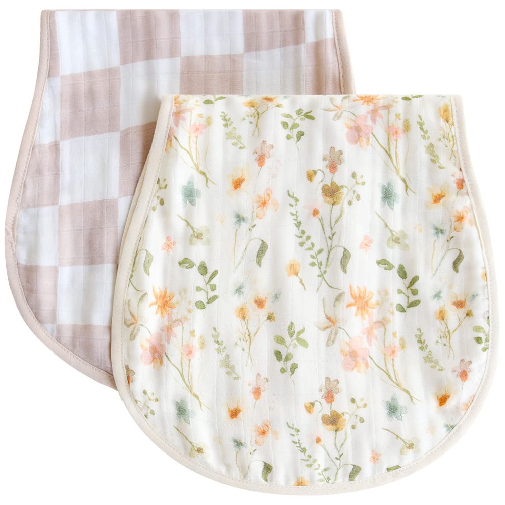 LifeTree Muslin Baby Burp Cloths - Soft 2 Pack Viscose Bamboo Cotton Large 22'' by 10'' Absorbent Milk Spit Up Rags - Burping Cloths for Newborn, Girls Boy (Floral & Checkerboard)