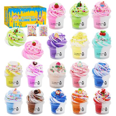 16 Pack Two-Toned Butter Slime Kit,DIY Educational Slime Toys Super Soft and Non-Sticky Toy for Gilrs.Party Favor for Kids Girls & Boys 6 7 8 9 10 11 12 +