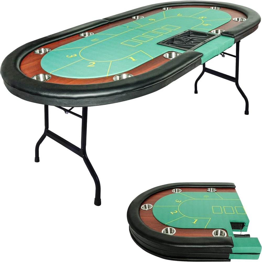 Vilobos Premium 84" Poker Table Foldable with Chips Tray, 10 Player Oval Folding Portable Texas Holdem Table with Cushioned Rail & Stainless Steel Cup Holders, Green Felt Surface