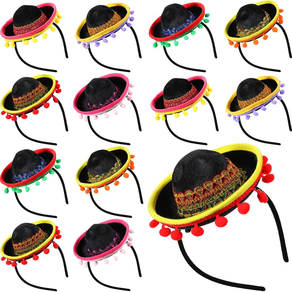 12 Pcs Mexican Fiesta Mini Sombrero Hats Headbands - Cinco de Mayo Decorations, Dia de Muertos Party Supplies and Favors