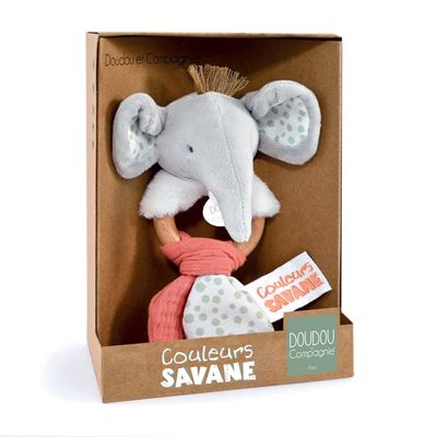 Doudou et Compagnie - Colours Savannah - Wooden Elephant Rattle - Grey - 15 cm - Newborn Gift - DC4077