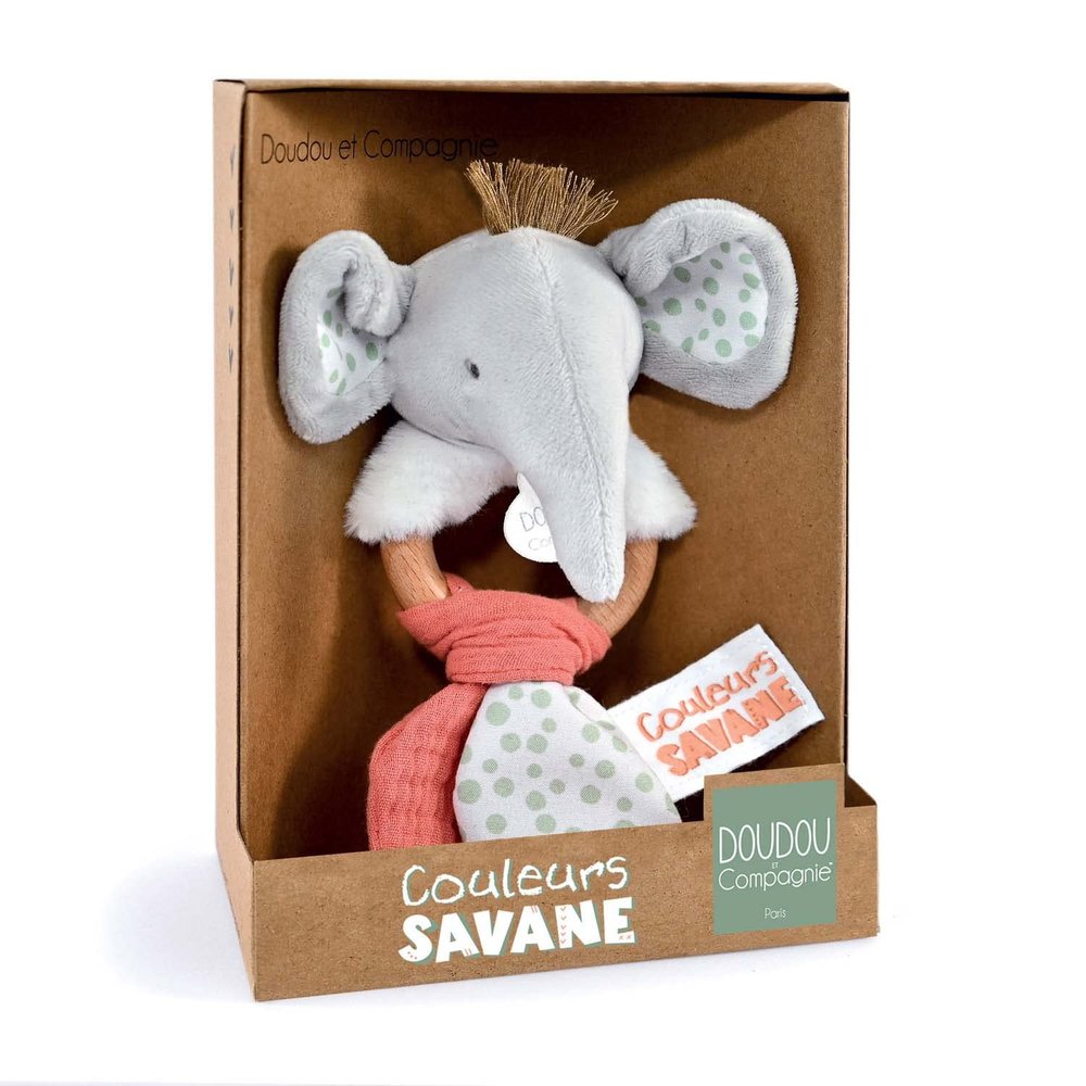 Doudou et Compagnie - Colours Savannah - Wooden Elephant Rattle - Grey - 15 cm - Newborn Gift - DC4077
