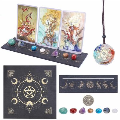 CRASPIRE Tarot Card kit Wooden Tarot Card Stand Holder with Altar Tablecloth 7Pc Chakra Pendant Crystal Gemstone Challenge Coin Divination Tools Tarot Card Accessories