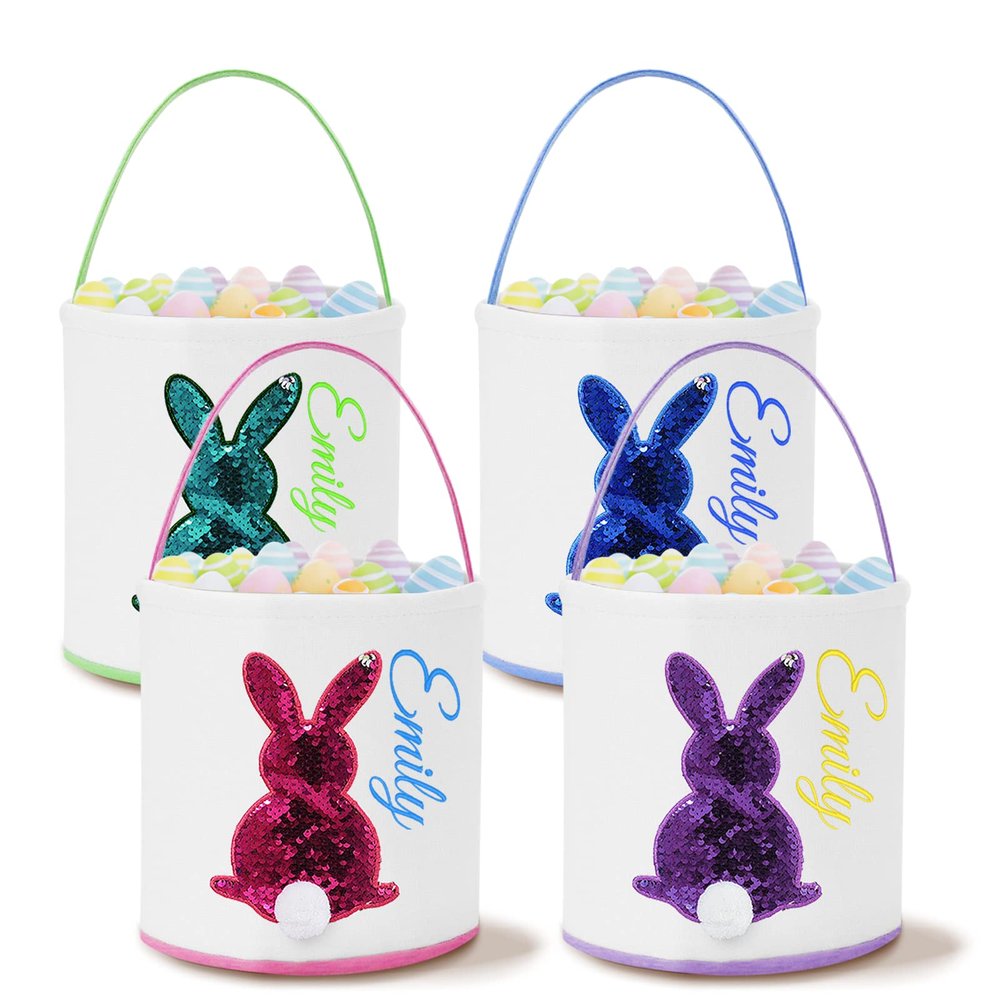 Atiming Canvas Bunny Easter Basket Personalized for Kids, Custom Easter Egg Hunting Basket with Name for Boys Girls Easter Bunny Eggs Hunt Basket Easter Party Gift Bags - Sequins Bunny Pink