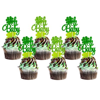 24Pcs Oh Baby St. Patrick's Day Cupcake Toppers Lucky Four Leaf Babyshower Cake Decorations For Irish Festival Baby Shower Birthday Party Supplies Decoration