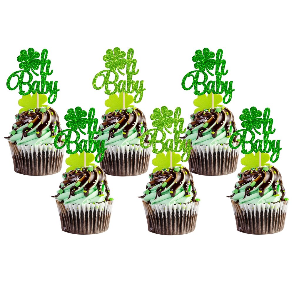 24Pcs Oh Baby St. Patrick's Day Cupcake Toppers Lucky Four Leaf Babyshower Cake Decorations For Irish Festival Baby Shower Birthday Party Supplies Decoration