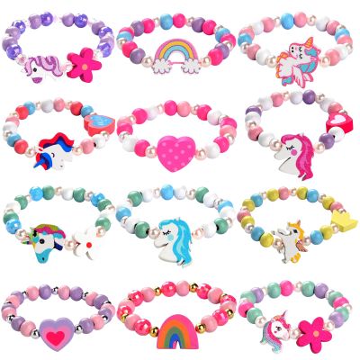 JOTIKO 12 Pcs Kids Bracelets for Toddlers Girls - Unicorn Party Favors Pinata Stuffers Birthday Goodies Bag Fillers Return Gifts, Cute Wooden Beaded Bracelets Princess Play Jewelry for Little Girls