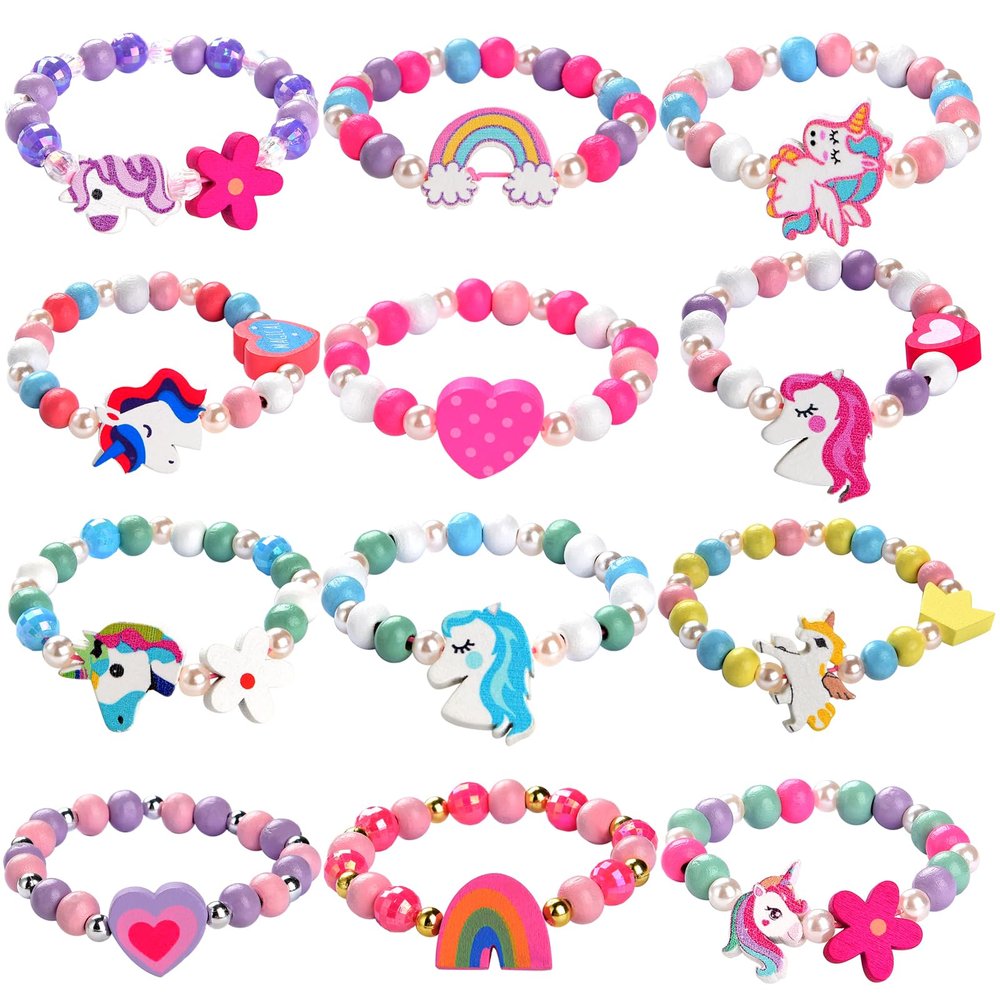 JOTIKO 12 Pcs Kids Bracelets for Toddlers Girls - Unicorn Party Favors Pinata Stuffers Birthday Goodies Bag Fillers Return Gifts, Cute Wooden Beaded Bracelets Princess Play Jewelry for Little Girls