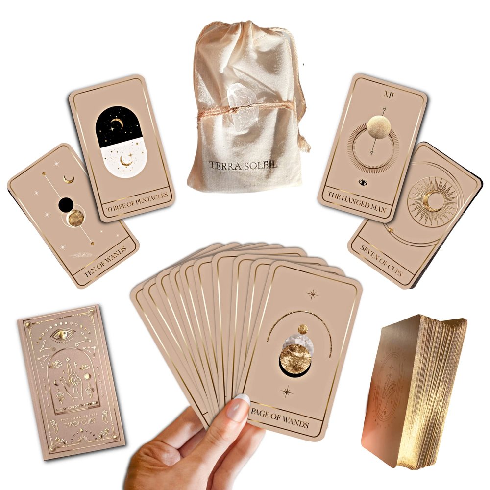 Luna Soleil  Tarot Deck in Sand Camel | 78 Tan Tarot Cards, Beige White Gold Foil Gilded Edges, Beginner's Complete Card Deck, Divination Tools